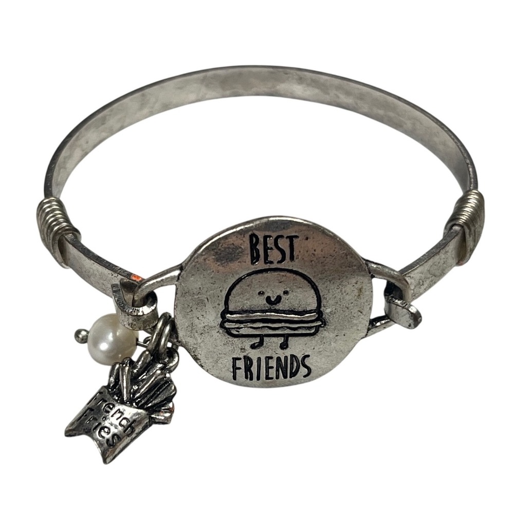 Best Friends‎ Hamburger and French Fries Charm Bangle Bracelet Silver Tone Pearl